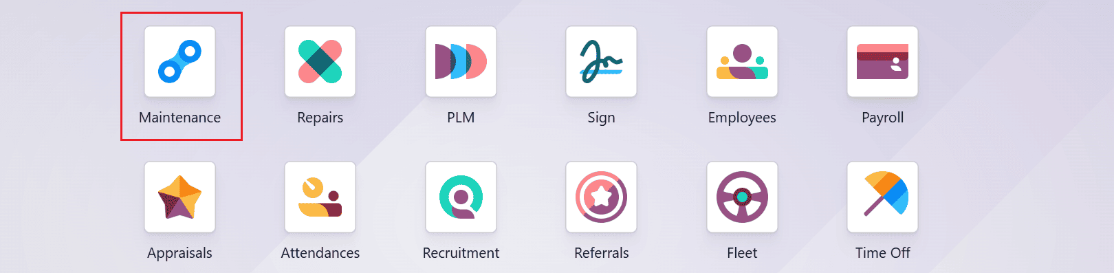Tableau de bord du module Maintenance dans Odoo 19