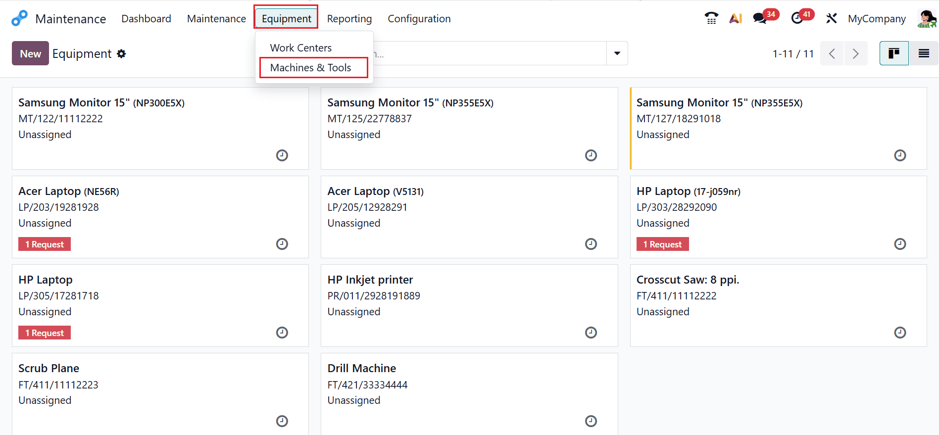 Liste des équipements en vue Kanban