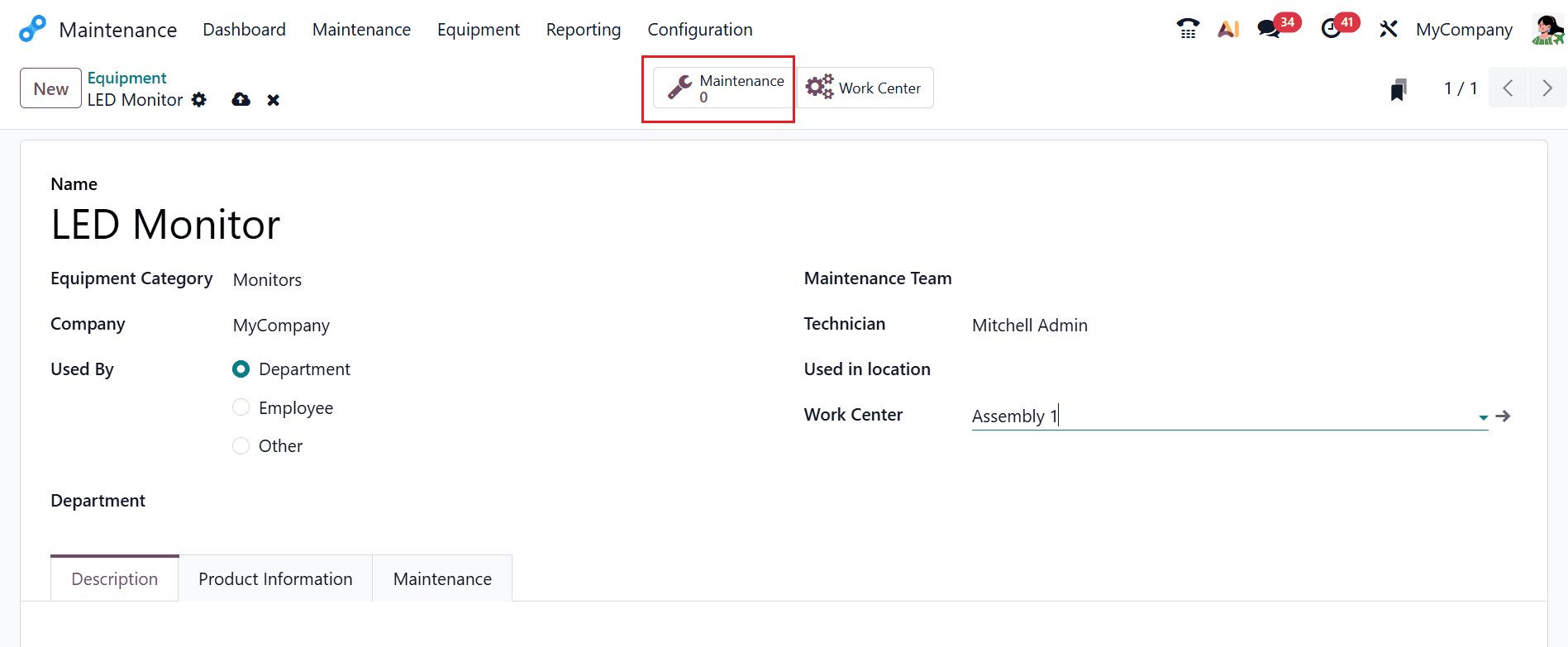 Fiche équipement avec l'onglet intelligent Maintenance