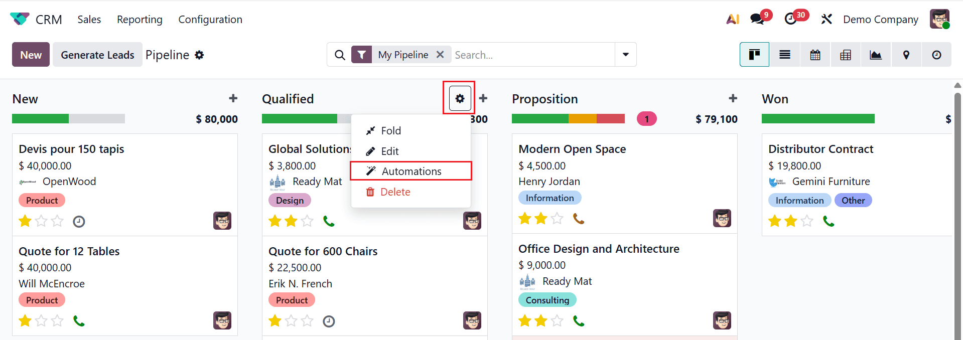 Menu Automatisations via l'icône d'engrenage du CRM