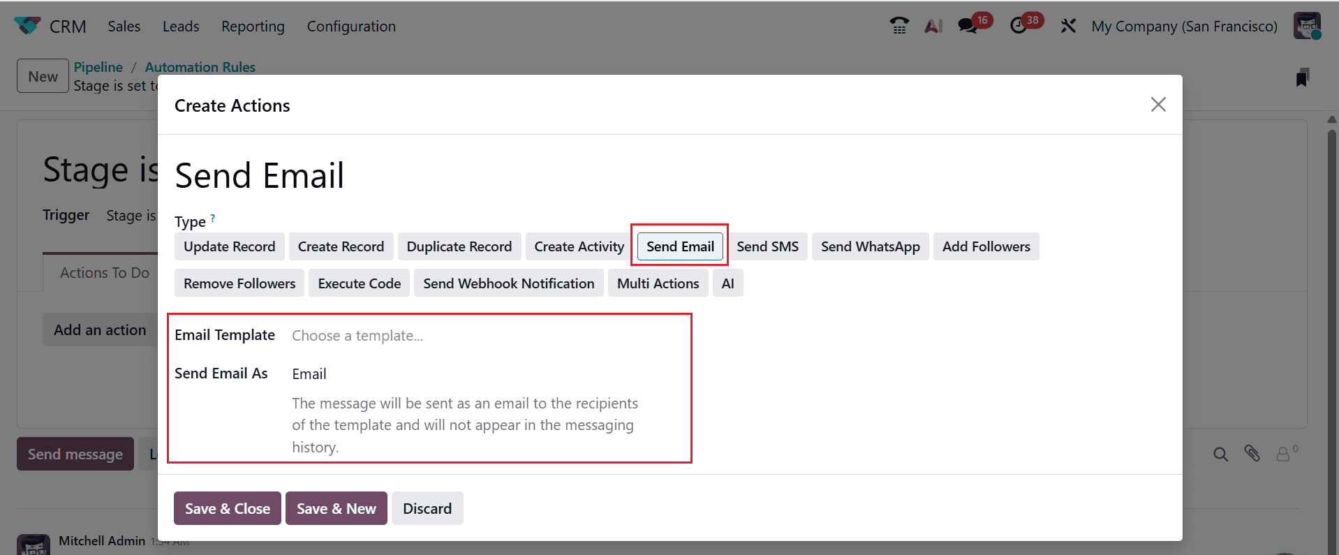 Action Envoyer un e-mail avec modèle et mode d'envoi