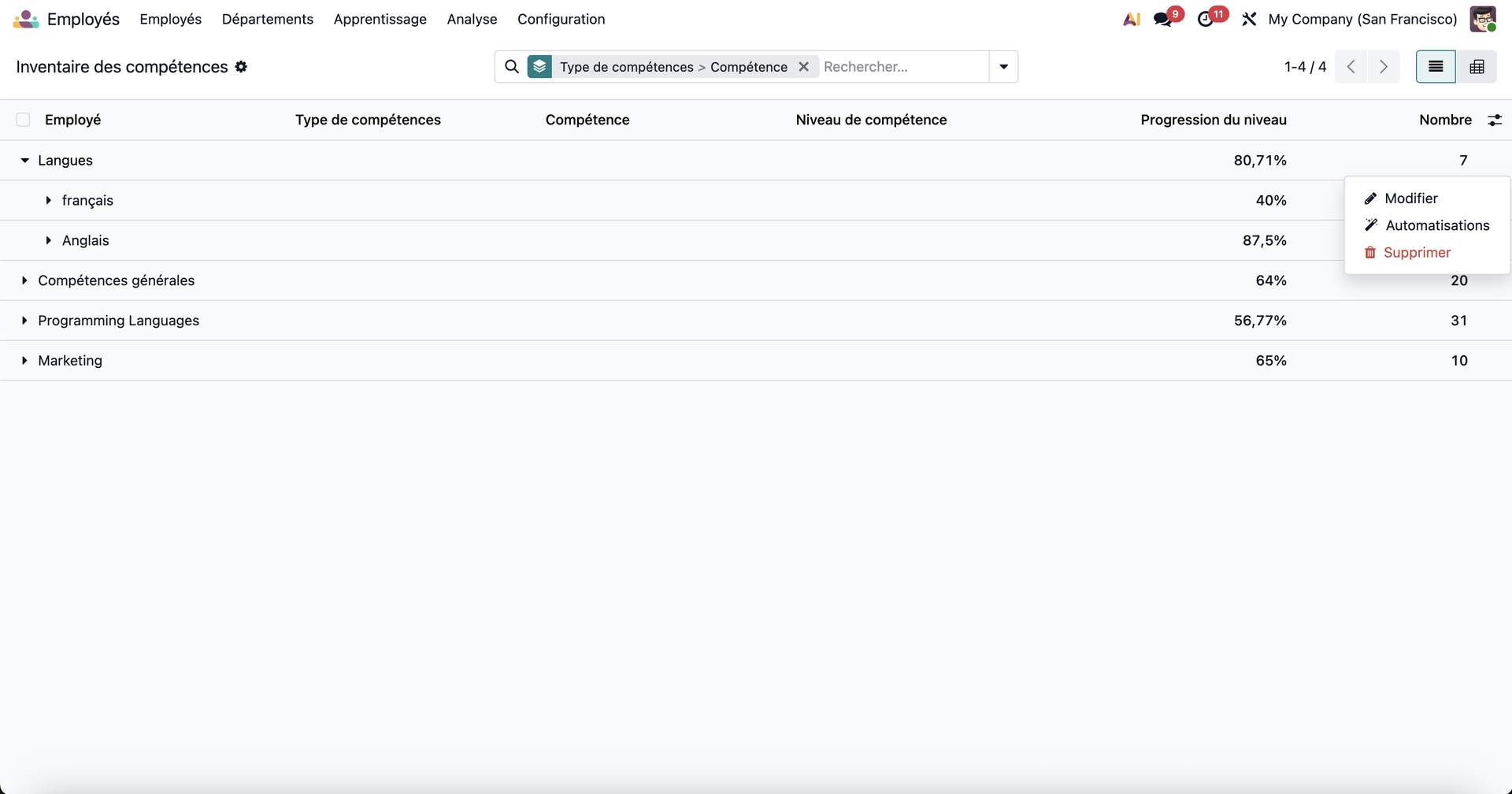Inventaire des compétences en vue liste dans Odoo 19