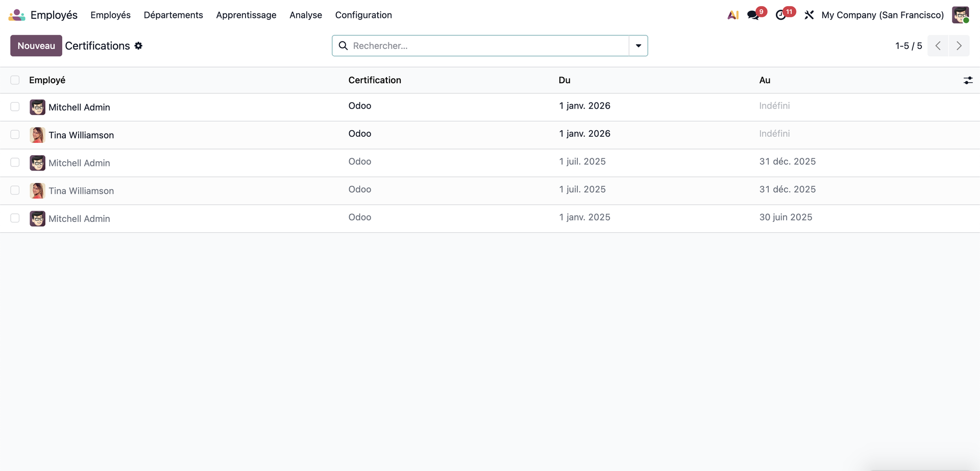 Rapport de certifications des employés dans Odoo 19